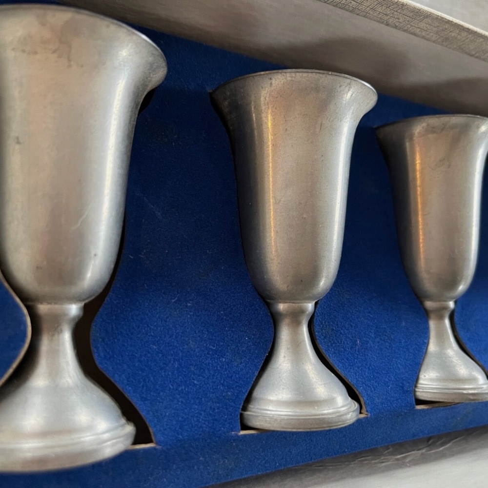 6 Vintage Empire Weighted Pewter Liqueur Cordial Shot Glasses in original box